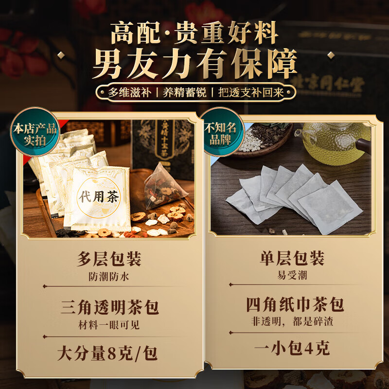 Beijing Tongrentang Ginseng, Wolfberry and Ten Treasures Tea tonify the kidneys and strengthen yang and health-preserving tea, Six Treasures Tea, Maca, Mulberry and Eucommia Male Flower Tea, one box, genuine materials - 12 bags