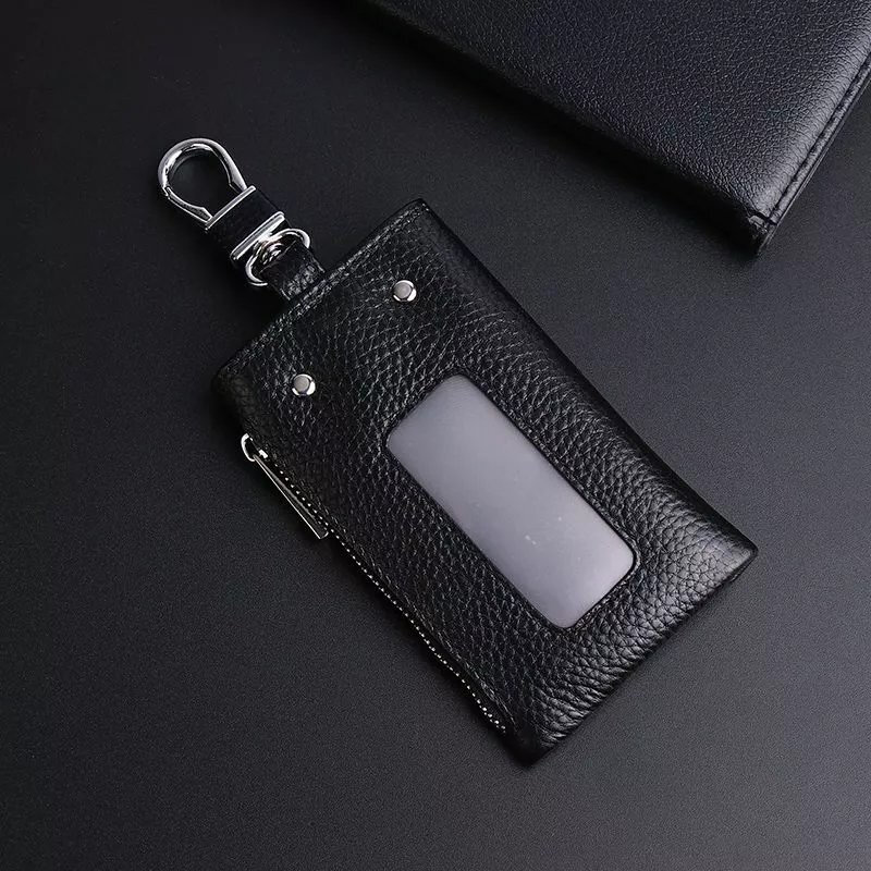 Kuqi Kangaroo Key Bag Men's Genuine Leather Zipper Waist Hanging Multifunctional Large Capacity Car Key Bag Storage Bag Key Bag Women Black