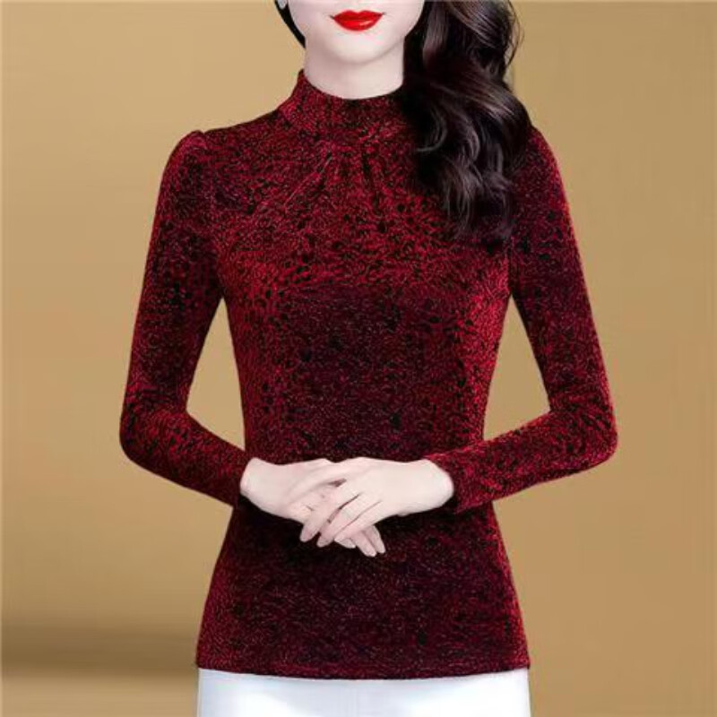 Orchid Mesh Bottoming Shirt Women's 2025 Autumn and Winter New Style Slim Fit Plus Velvet Thickened Warm Inner Top Small Shirt Red Regular XL