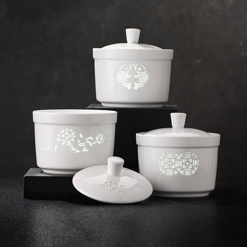 Jingdezhen ceramic white porcelain tableware stew cup for home use exquisite carved solid color porridge stew cup Chinese style large capacity stew soup steamed egg fragrant stew Gu - Camellia 11cm420ml