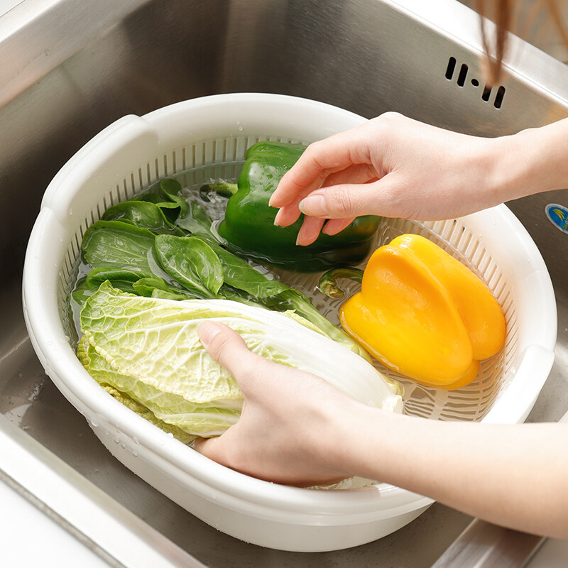 Home KATEI STORY Japanese imported kitchen drain basket plastic sink fruit and vegetable washing basin dish storage basket white set (double layer)