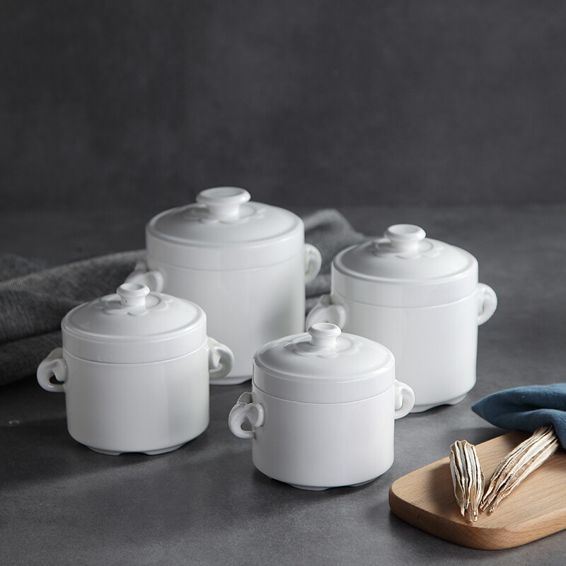 Remec Jin Yu Ruimei Pure White Elephant Double Cover and Double Ear Ceramic Stew Cup 1 Pack 400ML Stew Bowl Bird's Nest Soup Cup