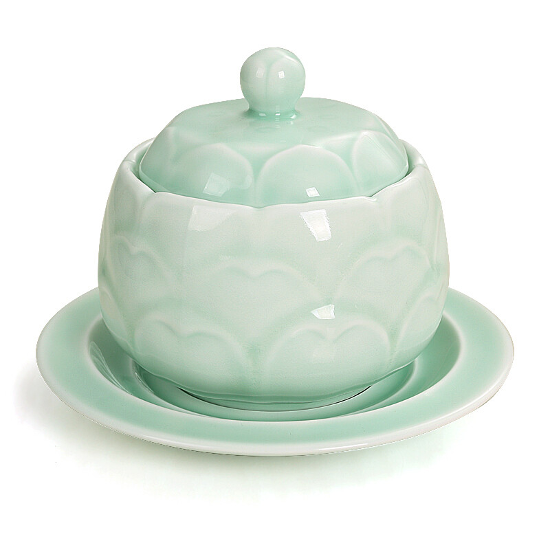 LIFEEYES celadon water-proof stew pot, ceramic tableware, bird's nest dessert, lotus bamboo dragon, white porcelain with lid, Bu Bu Liansheng (green)-400ml
