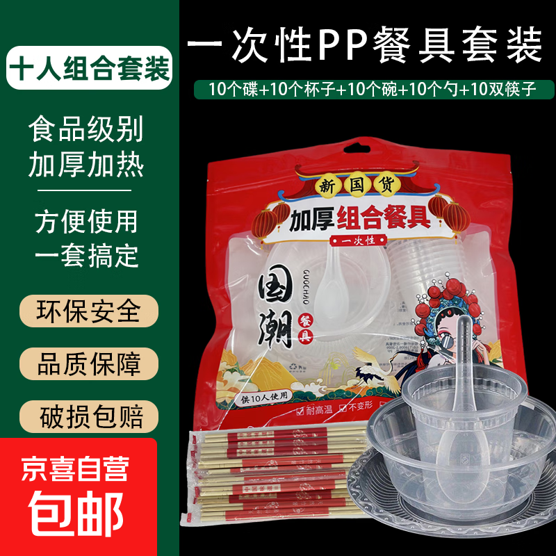 Disposable tableware crystal set thickened household food grade transparent thickened four-piece set outdoor camping PP set dishes spoon cup + chopsticks 1 pack 10 sets