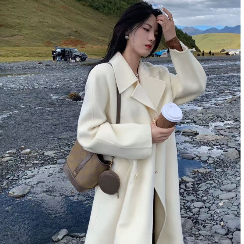 ONEDEW International Brand Double-sided Cashmere Woolen Coat Women's Mid-Length Autumn and Winter New Style Korean White Woolen Coat Oatmeal White Gift Box + JD Home Delivery S (Recommended 106-115 catties)