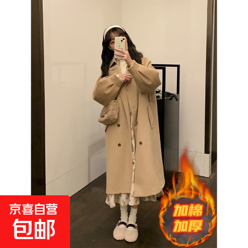 Korean style small women's woolen coat 2025 new autumn and winter thickened quilted woolen mid-length coat windbreaker milk coffee color cotton thickened L