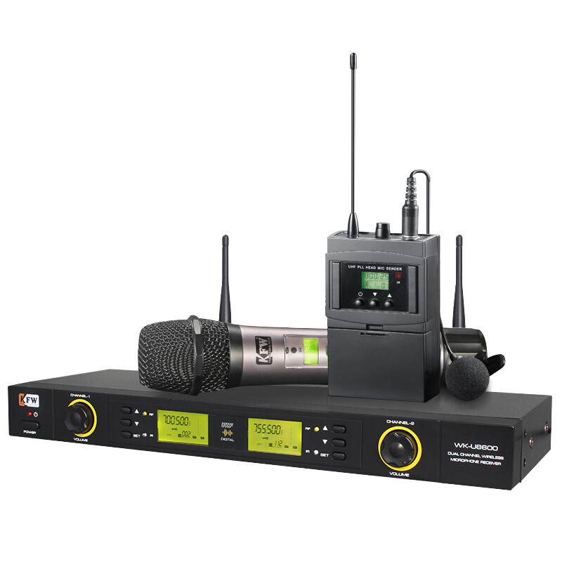 KFW WK-U8600A wireless microphone, held in one hand and hung on the waist (collar, headband)
