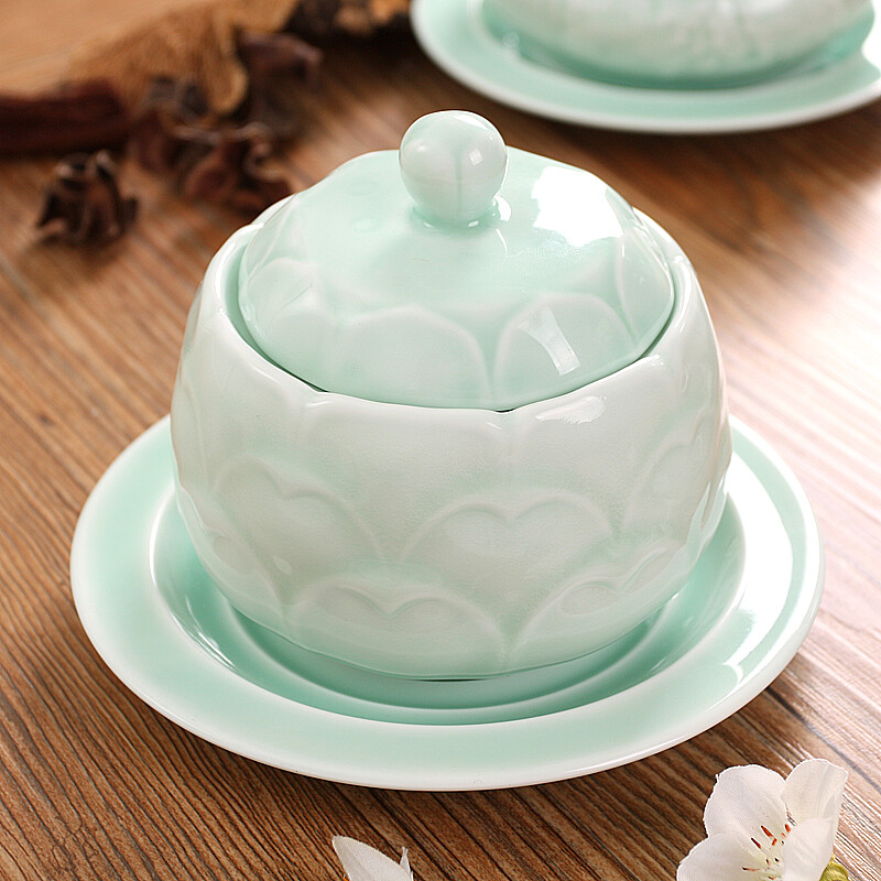 LIFEEYES celadon water-proof stew pot, ceramic tableware, bird's nest dessert, lotus bamboo dragon, white porcelain with lid, Bu Bu Liansheng (green)-400ml