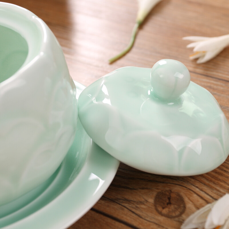 LIFEEYES celadon water-proof stew pot, ceramic tableware, bird's nest dessert, lotus bamboo dragon, white porcelain with lid, Bu Bu Liansheng (green)-400ml