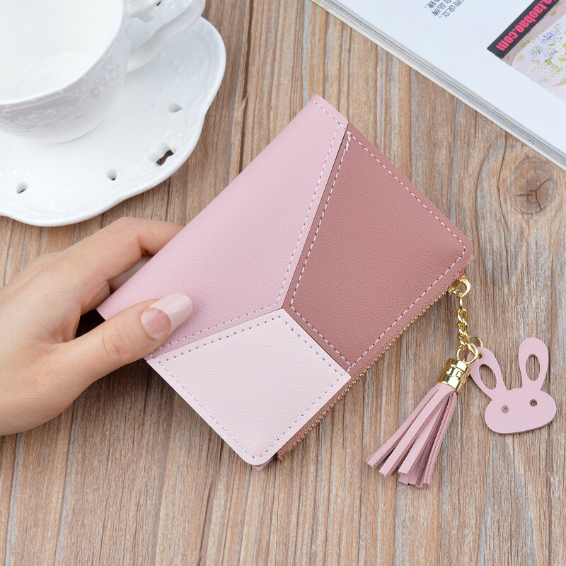 Women's Wallet Women's Short Fashion Contrast Color Stitching Student Personalized Two-fold Zipper Wallet Wallet Small Coin Purse Pink