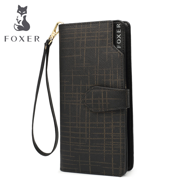 Golden Fox Women's Wallet Long Spring and Summer New Korean Style Cowhide Multifunctional Wallet Mobile Phone Zipper Clutch Women's Cowhide Bag Black