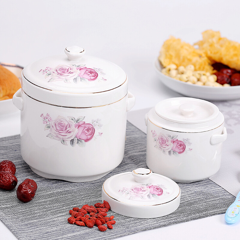 Erisi's new double-lid ceramic bird's nest stew pot with lid, water-proof stew pot, steam soup pot, large and small household bowl stew pot kitchen, white ground 900ML, 2 servings
