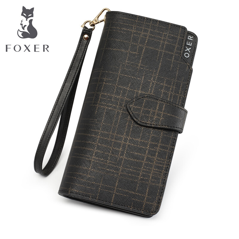Golden Fox Women's Wallet Long Spring and Summer New Korean Style Cowhide Multifunctional Wallet Mobile Phone Zipper Clutch Women's Cowhide Bag Black