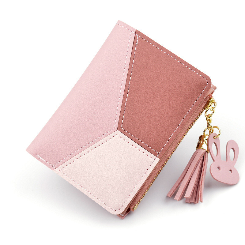 Women's Wallet Women's Short Fashion Contrast Color Stitching Student Personalized Two-fold Zipper Wallet Wallet Small Coin Purse Pink