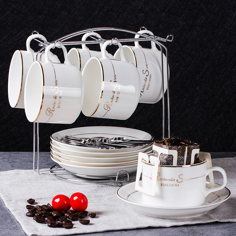 Mongdio Ceramic Coffee Cup Set Small Exquisite Light Luxury Latte Cup Hanging Ear American Cup Saucer with Stand Phnom Penh 6 Cups 6 Saucers 6 Spoons + Silver Stand Set