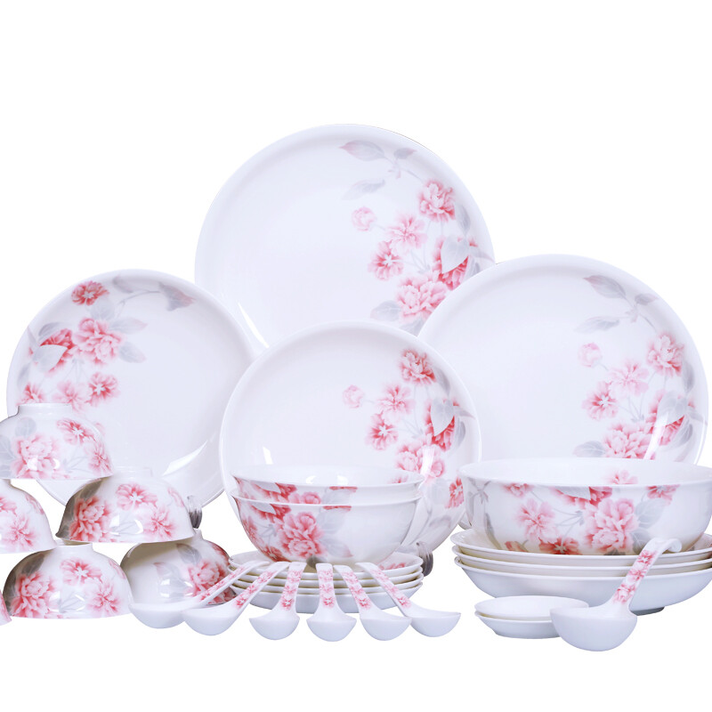 Huaguang Ceramics Bone China Tableware Set High Temperature Lead-Free Cadmium Glaze Colorful Bowls and Plates Wedding Housewarming Gift Romantic Dawn 22 Pieces Gift Box Ready Stock