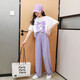 Pig Pitt (Pig/Peter) Mädchen Sommer Kurzarm Set 2025 Neue modische Kinderkleidung mittelgroße Kinder zweiteilige Kinder-Set Casual Summer Clothing 15009 Purple + 9889 Weiß 170 cm
