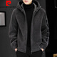 Pierre Cardin Men's Shearling Hooded Jacket Men's 2025 Winter New Polar Fleece Thickened Jacket Men's Jacket Gray 2XL 130-150Jin Jin equals 0.5 kg
