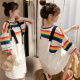 Langyue Women's Summer Fashion Short Sleeve Dress Two-piece Set Loose Casual Sweet Small Fresh Suspender Skirt Set LWQZ204135 Rainbow T+ White Suspender Skirt L
