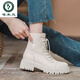 Boots de mujer de cuero de carpintero de carpintero Botas de mujer de cuero genuino 2025 Spring y otoño Nuevo estilo británico Botas de vellón gruesas botas de encaje altura interna blanca 7 cm [individual] 33