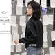 皮尔卡丹（pierre cardin）韩版宽松短款小个子时尚潮流女2024新款印花水洗PU棒球服皮衣外套 黑色不加棉 (不裂皮) M 建议95-105斤
