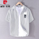 皮尔卡丹（pierre cardin）纯棉条纹衬衫男士短袖夏季薄款日系复古免烫韩版休闲半袖贴标衬衣 9766米白 M 【适合体重110-125斤】