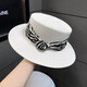 Pengxuan flat top hat for women summer French fashion new straw sun hat seaside sun protection straw hat white M (56-58cm)