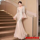 Swirling champagne color evening dress for women, high-end banquet style, light luxury, niche celebrity, host fishtail dress, champagne color L 170