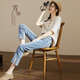 Fanzelang [alta calidad] Jeans elásticos de cintura alta para mujeres Straight Straight Spring y Summer New Slimming Nine Point Slit Pants 826 Elástico Blue Nine Point XS [72-85] Jin [Jin equivale a 0.5 kg]