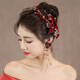 Meng Junchen Bridal Tiara Korean Super Fairy Red Flower Wedding Veil Hair Accessories Toast Clothing Dress Accessories Type A Burgundy Tiara + Earrings (Ear Clip Style)