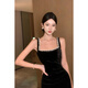 YIOU Sexy Temperament Suspender Dress Celebrity Annual Party Slim Fit Hip-covering Evening Dress Velvet Black Long Skirt 8585 Black M