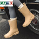 Katile Crocodile 2025 Nuevas botas de lluvia de tubo media a alta para mujeres Botas de lluvia de algodón de terciopelo integrado para adultos No-deslizan zapatos de agua para mujeres impermeables [tubo medio de 28.5 cm] Color de té de leche fijo 36 36