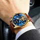 Le couple Olevs regarde un couple entièrement automatique sur la montre mécanique entièrement automatique Gift multifonctionnel étanche pour petit ami et petite amie 3601 + 6629 [cadeau de luxe bleu en cuir marron]