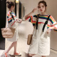 Langyue Women's Summer Fashion Short Sleeve Dress Two-piece Set Loose Casual Sweet Small Fresh Suspender Skirt Set LWQZ204135 Rainbow T+ White Suspender Skirt L