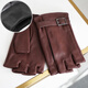 NOOLDERS Men's Warm Genuine Leather Gloves Half Finger Driving Gloves Half Fingerless Cycling Motorcycle Sheepskin Gloves Thin Designer Style Coffee (Silk Lining) S Size