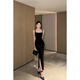 YIOU Sexy Temperament Suspender Dress Celebrity Annual Party Slim Fit Hip-covering Evening Dress Velvet Black Long Skirt 8585 Black M
