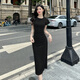 Fencysweet Moda Baumwollkleid für Frauen für Frauen 2025 Sommerpendelverkehrs vielseitiger runder Hals-Taille-Hugging Slim T-Shirt Long Rock 3527 Black S 78-90jin [Jin gleich 0,5 kg] Büste 74-78 cm