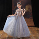 Little Kayi Dicke Kinderkleid Prinzessin Rock High-End Girls Klavier Performance Kleidung Langarm Blumen Kinder Hochzeitskleid Little Girl Host Sommer Blau 1591 Lange mittelgroß
