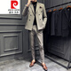 Pierre Cardin double breasted suit men's suit slim casual Korean style British style formal men's wedding plus size suit trend 9962 coffee color suit + trousers tie 3XL