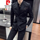 Pierre Cardin double breasted suit men's suit slim casual Korean style British style formal men's wedding plus size suit trend 9962 coffee color suit + trousers tie 3XL