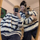 Mengdong Korean Stitch Cartoon Couple Pajamas for Men and Women Autumn and Winter Plus Velvet Thickened Striped Plush Home Clothes Two-piece Set TM#8920 Striped Stitch 2XL Men's Style (145-170 Jin Jin is equal to 0.5 kg)