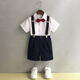 
GOKU boys' dress suit kindergarten performance suit overalls summer host children's suit graduation suit flower girl black pants + shirt + strap + bow tie 130 recommended weight 43-50 Jin [Jin equals 0.5 kg]