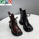 CARTELO leather Martin boots for women 2024 new autumn British style European products ins trendy slim thick-soled short boots burgundy (added velvet style) 38