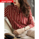 JannaFenna chiffon shirt women's long-sleeved 2020 early autumn new red and white striped shirt Korean style fashion loose slimming simple versatile top trendy red striped M