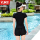 Swimsuit for women conservative split fat girl covers belly and looks slim 2024 new ladies sexy hot spring swimsuit slimming black + PU cap + swimming goggles + earplugs and nose clip M size recommended weight 85-95Jin Jin is equal to 0.5 kg