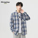 MMOPTOP日系复古长袖格子衬衫男士秋冬季潮流宽松休闲衬衣2209深蓝XL