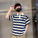 McTicco boy polo shirt short-sleeved 2025 children's summer striped t-shirt big children's summer half-sleeved street-fried top trend 9850 blue + 5798 khaki [set] 150