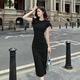 Fencysweet Moda Baumwollkleid für Frauen für Frauen 2025 Sommerpendelverkehrs vielseitiger runder Hals-Taille-Hugging Slim T-Shirt Long Rock 3527 Black S 78-90jin [Jin gleich 0,5 kg] Büste 74-78 cm