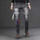 
Autumn and winter new black and gray personality irregular splicing motorcycle jeans men's slim feet fashionable casual trousers LS-9435 black size 28 sizes waist circumference 2 feet 1 90-110Jin [Jin equals 0.5 kg]
