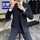 罗蒙（ROMON）高档定制双排扣条纹西服套装男士新郎结婚礼服商务休闲修身西装男 藏青西服+马甲+衬衫+西裤 XL 码(贈+胸针+口袋巾)